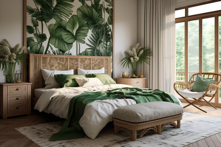 a cozy bedroom with a tropical theme. The bed has a rattan headboard and is covered in white linens. A bamboo chair and potted plants add to the tropical vibe.の素材