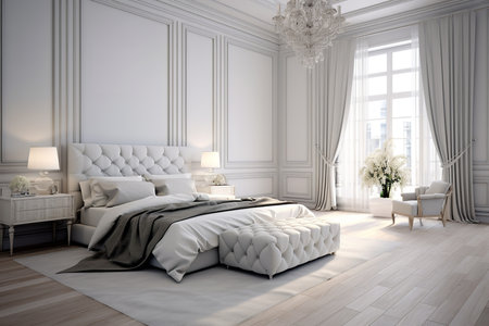 a modern bedroom with a white unmade bed, green curtains, and many plants. The room is well-lit and has a serene ambiance.の素材