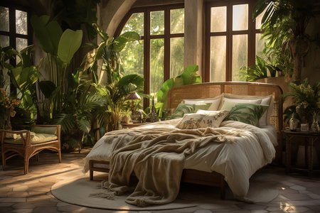 a cozy bedroom with a tropical theme. The bed is covered in white linens and has a beige throw blanket. There are plants scattered throughout the room, including a large banana leaf plant.の素材