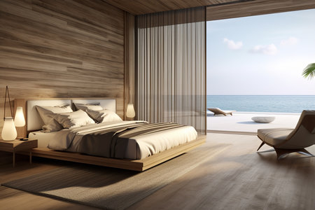 The bed has a wooden frame and is covered in white and green linens. A round mirror with a palm leaf design hangs above the bed. There are various plants scattered throughout the spaceの素材