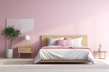 Modern bedroom with a pink and white color scheme, wooden furniture, and a plant in the corner.の素材