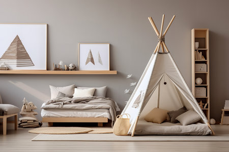 a modern and cozy bedroom with a teepee, bed, and bookshelf in neutral colors. The room is decorated with tree and bird decals on the walls. A rug is also present.の素材