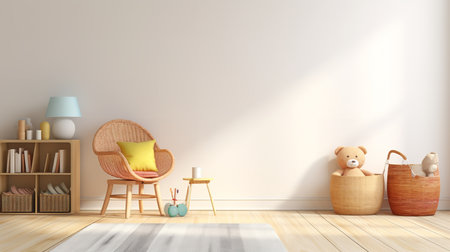 A cozy childrenâs room with a rattan chair, bookshelf, and teddy bear in a basket. The room has a wooden floor and a white wall with a window letting in natural light.の素材
