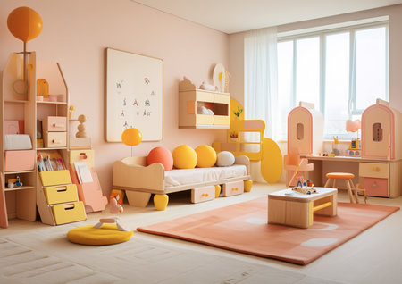 a modern and cozy bedroom with a teepee, bed, and bookshelf in neutral colors. The room is decorated with tree and bird decals on the walls. A rug is also present.の素材