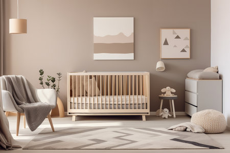 a modern nursery room with a neutral color palette, wooden crib, gray armchair, white dresser, and geometric rug. The room also features modern art, a pendant light, and a floor lamp.の素材
