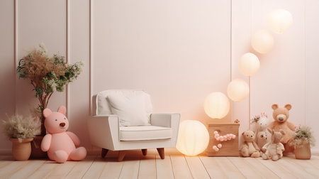A cozy pastel room with a pink teddy bear, a white armchair, a wooden crate, and round lights. The room has a wooden floor and a plant in the corner.の素材