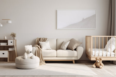 a nursery with modern furniture. The color palette is neutral with beige, white, and light wood tones. The room features a crib, sofa, and framed art on the wall.の素材
