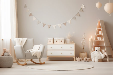 A modern nursery with a gray wall, white furniture, and yellow accents. Cloud decorations and stuffed animals add a whimsical touch.の素材