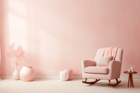 A pink living room with a modern armchair, a vase with pink flowers, and a wooden side table. Sunlight is streaming in through the window, creating a warm and inviting atmosphere.の素材