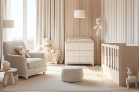 Modern nursery with a gray wall, white furniture, and yellow accents. Cloud decorations and stuffed animals add a whimsical touch.の素材