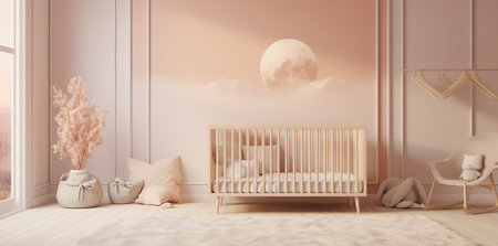 a pink nursery room with a crib, rocking chair, and mountain mural on the wall. The room is decorated with a plant and pillows, and has a large window. A rug is also presentの素材