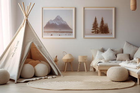 a cozy childrenâs room with a teepee, mountain and tree posters, and a round rug. The room is decorated in a neutral color palette with wooden accents.の素材