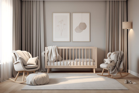 a modern and minimalist nursery room with a crib, armchair, dresser, and framed art on the walls.の素材