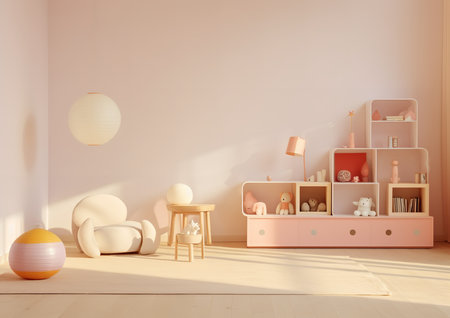 a childrenâs room with a pink and white color scheme. The room features furniture, toys, and decorations in a minimalist style, with a focus on geometric shapes and clean lines.の素材
