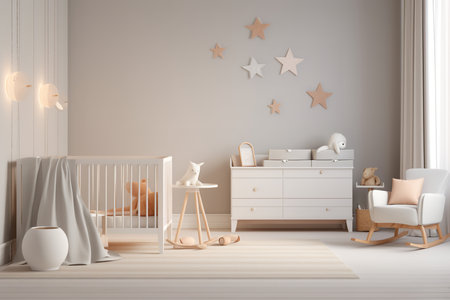 Modern and minimalistic nursery room with white crib, dresser, and rocking chair. Beige rug and star-shaped wall hangings.の素材