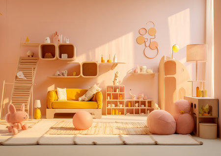 a childrenâs room with a pink and yellow color scheme. The room features a sofa, shelves, toys, and decorations, all in a modern and playful style.の素材