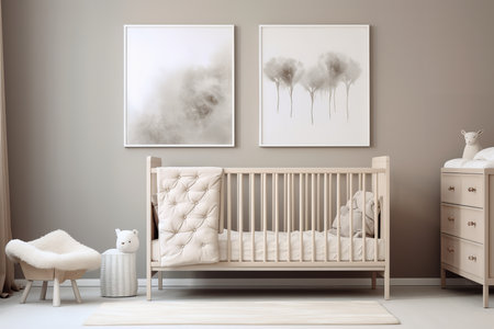 a nursery with a crib, dresser, and two abstract paintings on the wall. The color scheme is neutral and the furniture is modern. There is also a small sheep stool and a llama figurine.の素材