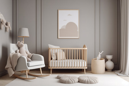 a modern and minimalist nursery with a wooden crib, two white armchairs, and a potted plant. The room is bright and has framed art on the wallsの素材