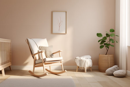 a modern and minimalistic living room design with wooden walls, a round sofa, a teddy bear, and a bookshelf. The room is decorated with white flowers and has a cozy atmosphereの素材