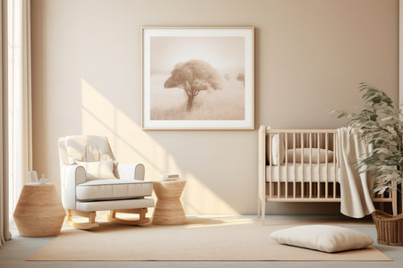 a cozy nursery with a white armchair, crib, and woven baskets. A framed tree photo hangs on the wall.の素材