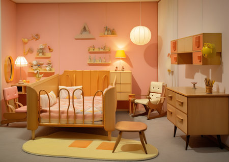 a vintage bedroom with pastel pink walls, wooden furniture, and yellow accents. The room features a bed, dresser, desk, and chair in a mid-century modern design.の素材