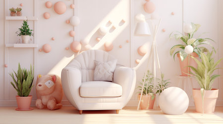 a pastel room with a pink teddy bear, a white armchair, a wooden crate, and round lights. The room has a wooden floor and a plant in the corner.の素材