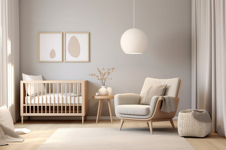 Neutral-toned nursery with crib, armchair, and pouf, featuring a framed dandelion print and floor lampの素材