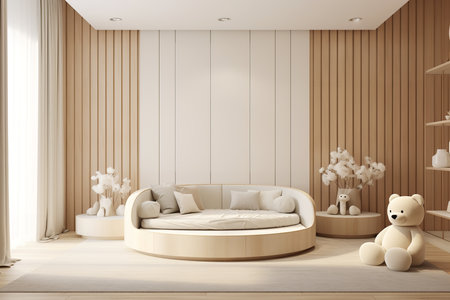 a modern and minimalistic living room design with wooden walls, a round sofa, a teddy bear, and a bookshelf. The room is decorated with white flowers and has a cozy atmosphereの素材