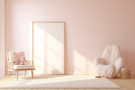 a pink room with a white armchair, a teddy bear, a fluffy blanket, and a picture frame. The room is decorated in a minimalist style with a white rug and a basketの素材