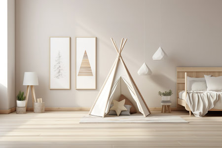 a modern and minimalistic design, featuring a wooden bed, a teepee, and hanging geometric shapes. The room has a neutral color palette and plants for decoration.の素材