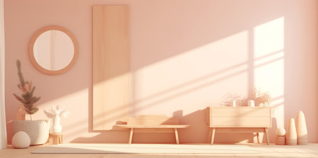 a pink room with a minimalist design. The room has a wooden bunny toy, white chair, and shelves with vases and plants. The shelves are white and are mounted on the wall.の素材