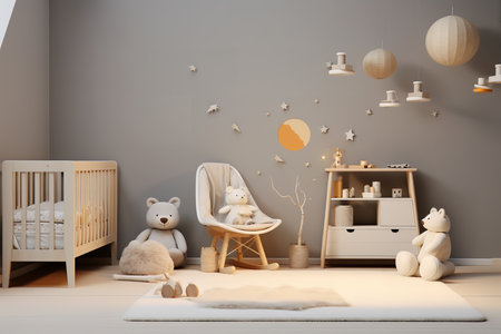 a modern childrenâs room with a yellow teepee, gray walls, and hanging decorations. The room also features a gray armchair, a round rug, and stuffed animalsの素材