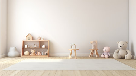 a childrenâs room with a wooden shelf, teddy bear, and other toys on a rug. The room has a minimalist design with a white wall and wooden floor.の素材
