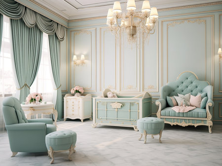 a luxurious living room with a chandelier, blue and white furniture, and flowers. The room is decorated in a classic style with ornate moldings and a light color palette.の素材