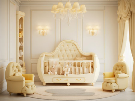 a luxurious nursery room with a white crib, chandelier, and plush toys. The room is decorated in a classic style with a beige color scheme and elegant furniture.の素材
