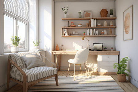 a modern home office with a bright and airy atmosphere. The room features a wooden desk with a white chair and a computer monitor.の素材