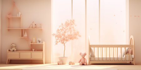 a nursery room with a crib, tree, and stuffed animals in a pastel color scheme. The room is filled with natural light and has a modern design.の素材