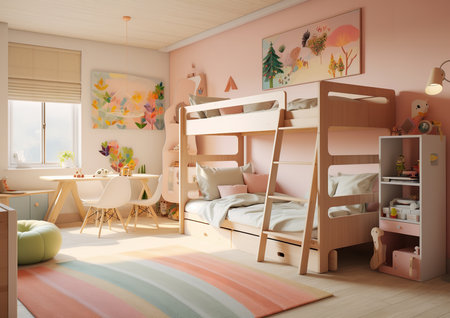 a nursery with a modern and minimalist design. The room features a crib, armchair, teepee, and three framed art pieces on the wall. The color palette is neutral and the overall mood is calm and peaceful.の素材