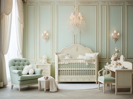 Luxurious nursery room with pastel green walls, white furniture, and chandelier. Features a crib, armchair, and desk. A small dog is visible in the foreground.の素材
