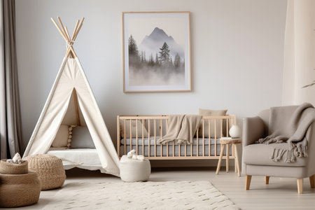 a nursery with a neutral color scheme. The room features a teepee, crib, and various stuffed animals and decor. A framed picture hangs on the wall above the crib.の素材