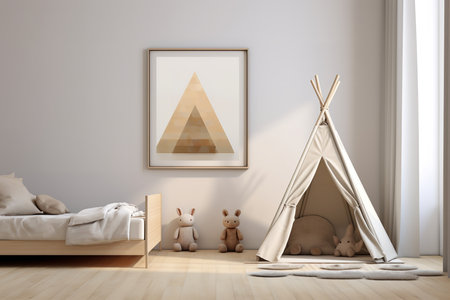 a childrenâs room with a teddy bear, a teepee, and a blank picture frame. The room is decorated in a minimalist styleの素材