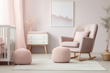 a pink and white nursery room with a pastel color scheme. The room has a light and airy feel and features a white crib, a white dresser, and a pink rocking chair.の素材