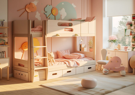 A pink childrenâs bedroom with a bunk bed, desk, and colorful decorations. The room has a wooden floor and a large window with a view of trees. The walls are decorated with colorful paintings and stuffed animals.の素材