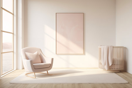 Minimalistic living room with a white armchair, a pink painting, and a wooden floor. The room is filled with natural light from a large window.の素材