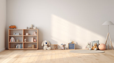 A minimalistic childrenâs room with a wooden floor, a bookshelf with various items, a large stuffed dog, a small seating area with stuffed animals, and a lamp in the corner.の素材