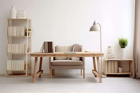 a minimalistic living room decorated in neutral colors. The room features a wooden desk, bookshelf, and sofa with a throw blanket. A lamp is on the desk and a plant is on the bookshelf.の素材