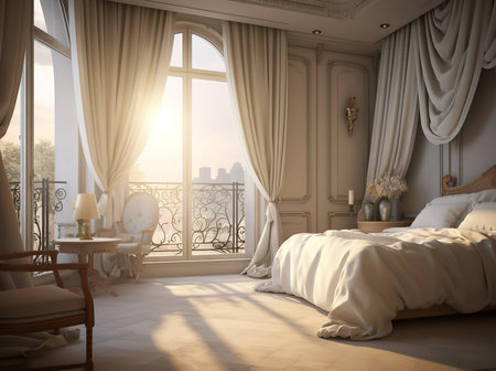 a luxurious bedroom features a large bed with white linens and a balcony with a view of the city. The room is decorated with elegant furnishings, including a chandelier, a vanity, and a chair.の素材