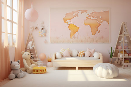 a childrenâs room with a pastel color scheme. The room features a world map, stuffed animals, a wooden bench, and a bookshelf. The room is well-lit and has a cozy feel.の素材