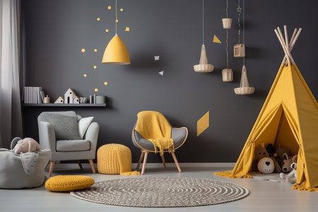 a modern childrenâs room with a yellow teepee, gray walls, and hanging decorations. The room also features a gray armchair, a round rugの素材