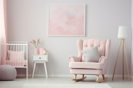 a pink bedroom with a modern design. The room has a wooden floor and a window with sunlight streaming in. The bed is white with a pink blanket and pillows.の素材